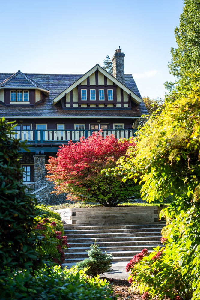 Deer Lake 公园 · 都铎式老宅与红枫 · Tudor-style house and red maple, Deer Lake Park, Burnaby — Deer Lake Park, Burnaby, BC